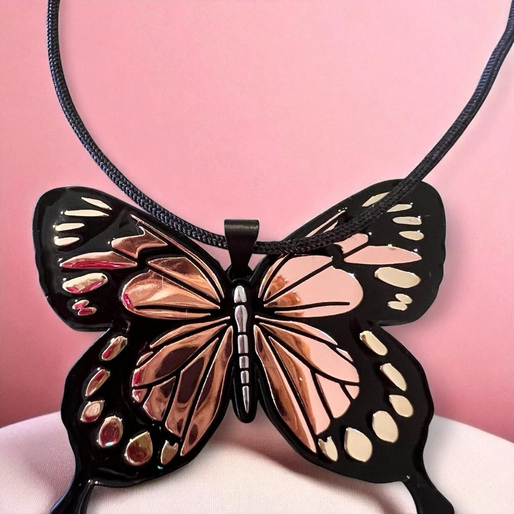 Chic Black Rose Gold and Gold Toned Wrap Butterfly Pendant Necklace - Picture 7 of 17